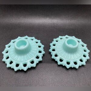 RARE - Fostoria Randolph Aqua Green Blue Milk Glass Short Candlestick Holders